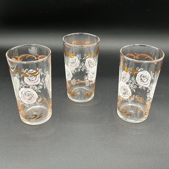 Vintage Libbey Tumbler Glasses, Mid Century Modern-White Rose and Gold Pattern - Picture 2 of 7